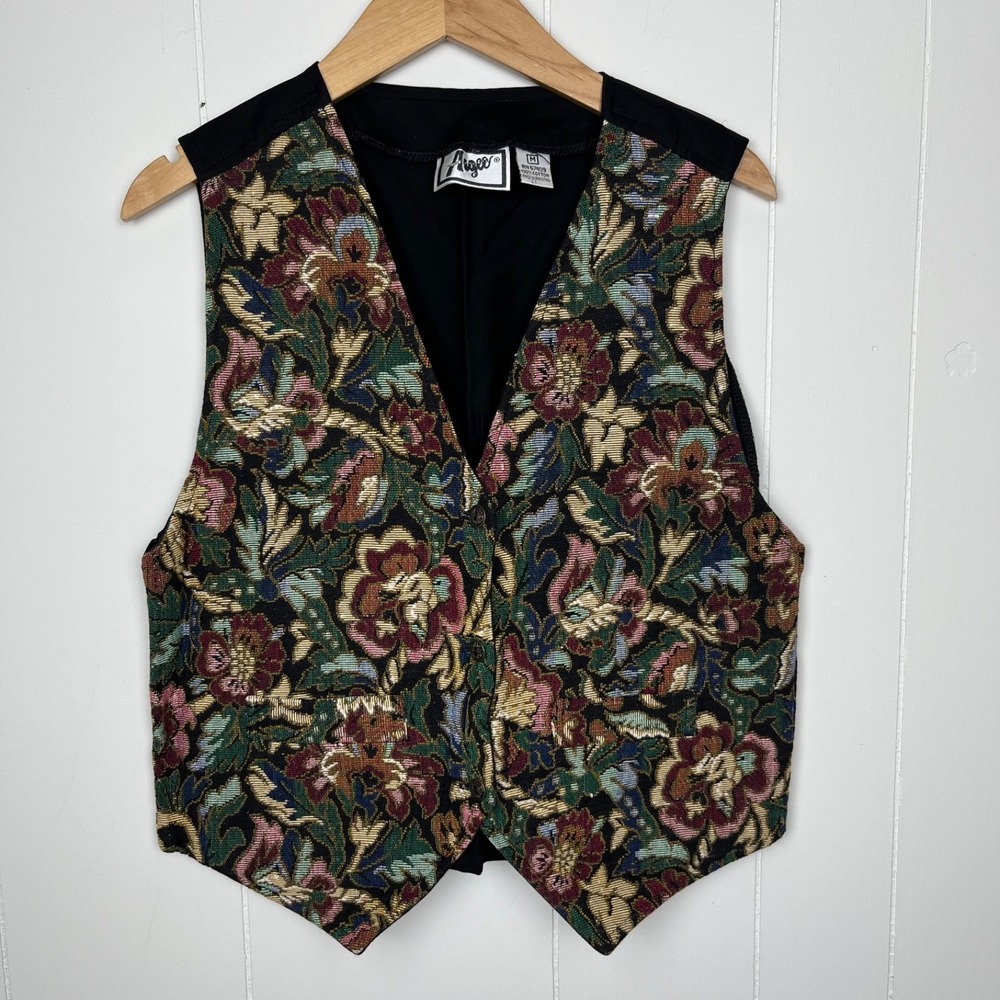 Vintage Argee Tapestry Floral Vest Women's Medium Black Gold Burgundy 90s Y2K